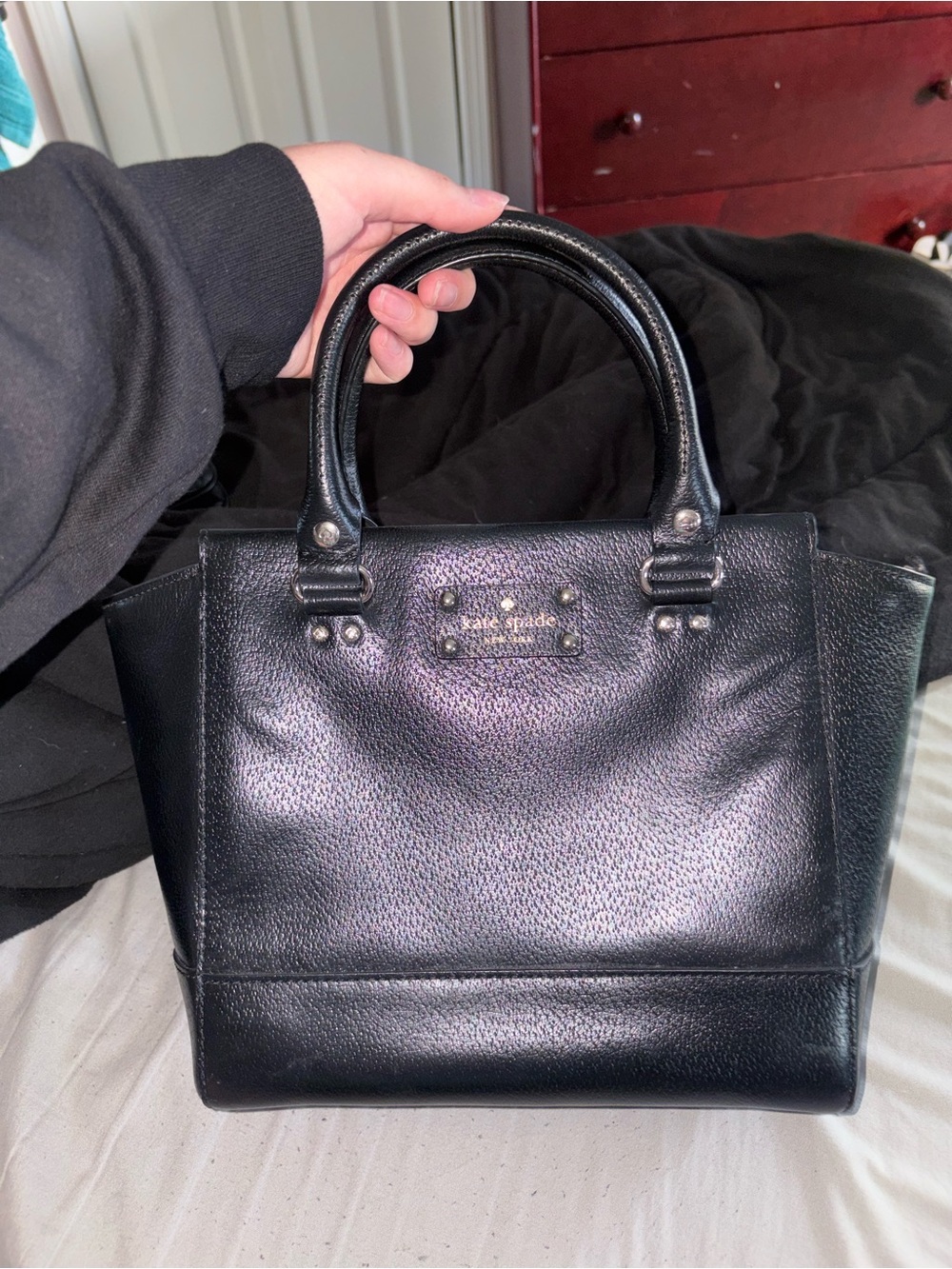 kate spade black leather satchel with top handles